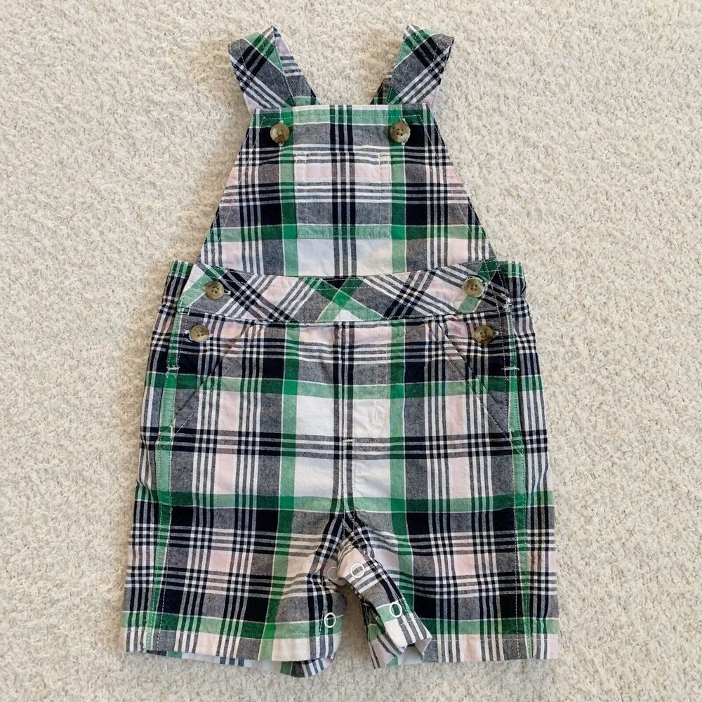 Janie and Jack Boys Infant Baby Plaid Romper Overalls Green Black White 0-3 mos